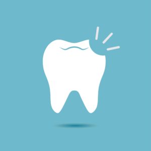 Minimalist illustration of a white tooth with a chipped corner on a teal background.